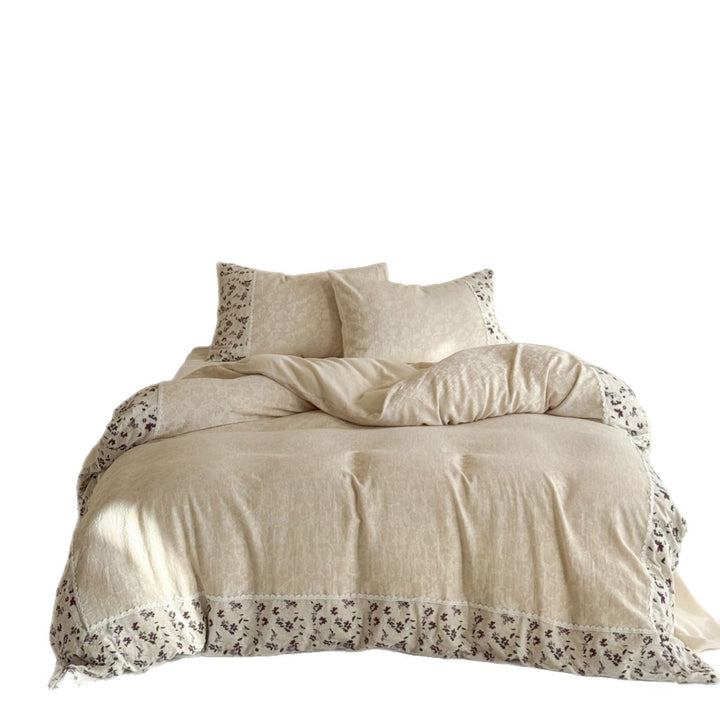 Botanical Embroidered Linen-Blend Duvet Cover & Sham Set with Scalloped Lace Border