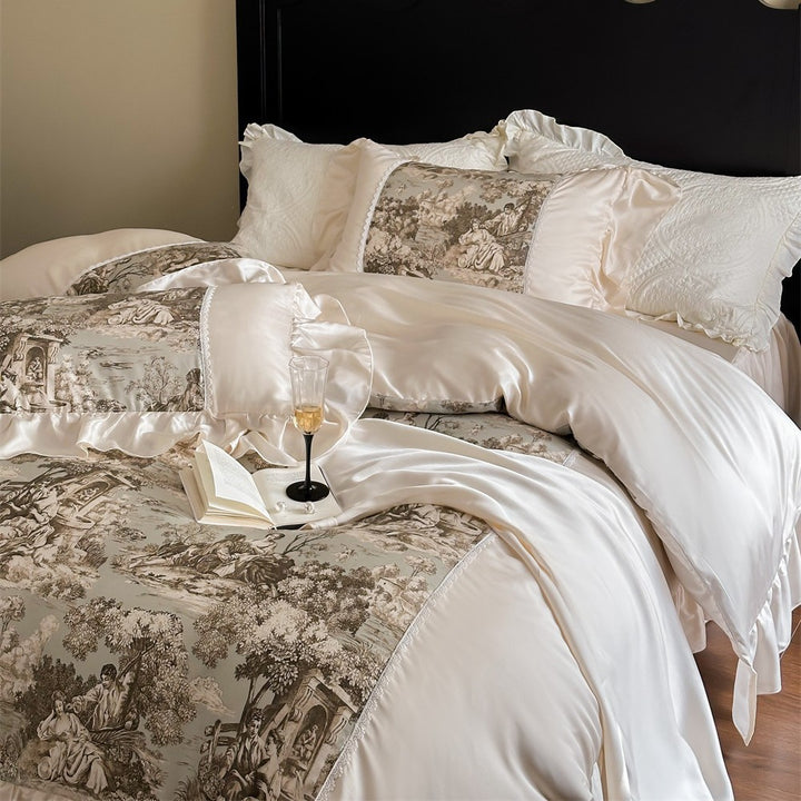 Luxurious satin bedding set with toile motif, ruffle and lace trim