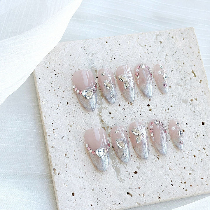 Handcrafted Press-On Nails with Rhinestone Accents
