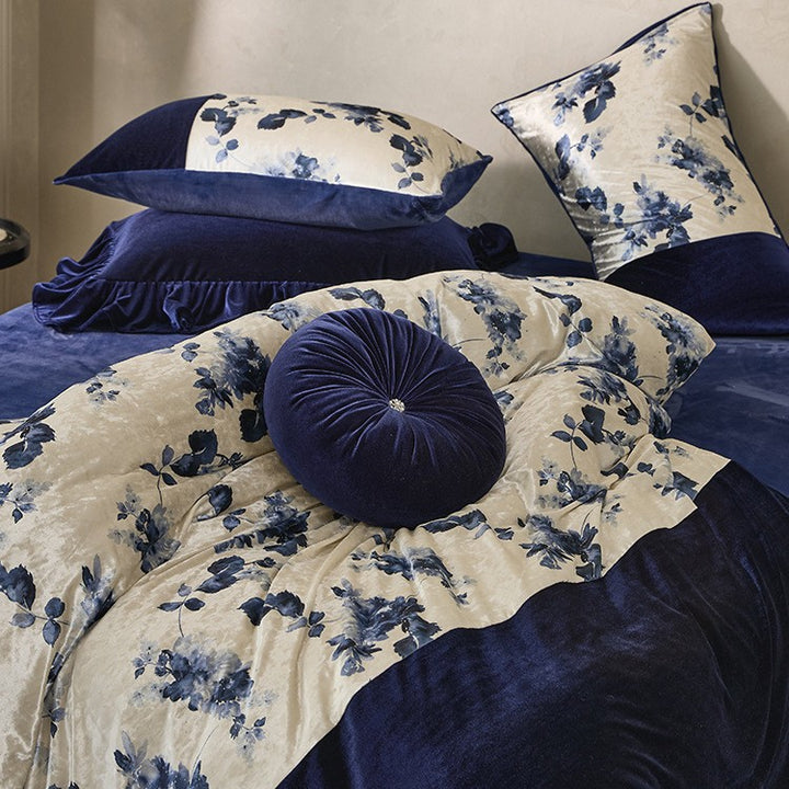 Premium velvet bedding set with floral satin contrast and decorative ruffled border