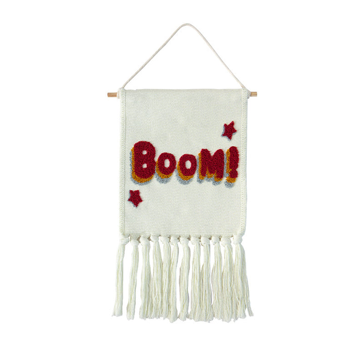 Tufted wall hanging with cactus motif, cotton fringes and wooden stick