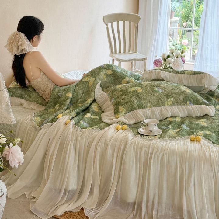 Romantic bedding set with chiffon bed skirt and butterfly print