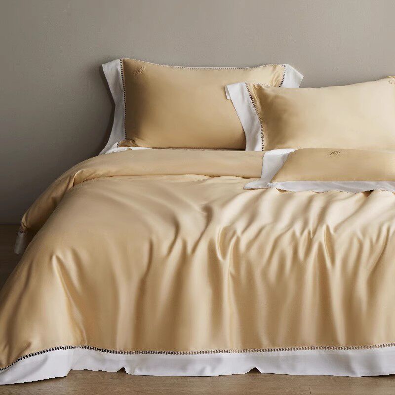 Luxury Sateen Duvet Cover Set with Contrast Hem and Eyelet-Embroidered Shams