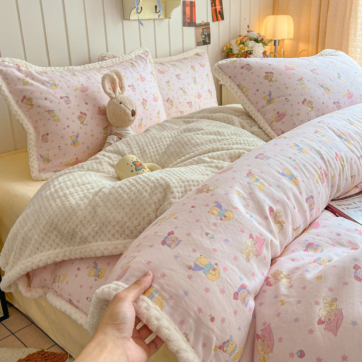 Plush Reversible Sherpa Duvet Cover Set with Quilted Waffle Comforter and Scalloped Pillow Shams