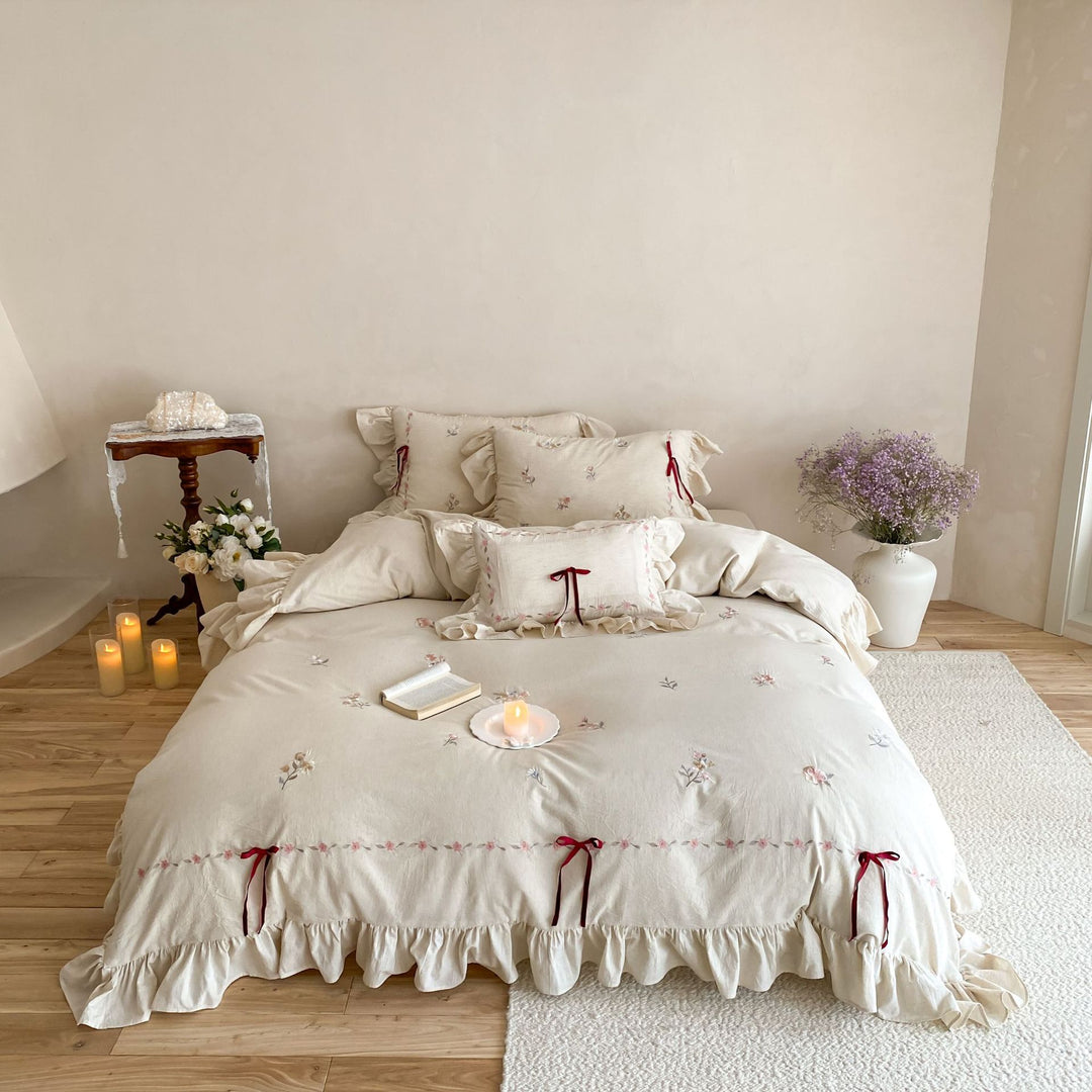 Floral Embroidered Ruffled Cotton Duvet Cover Set