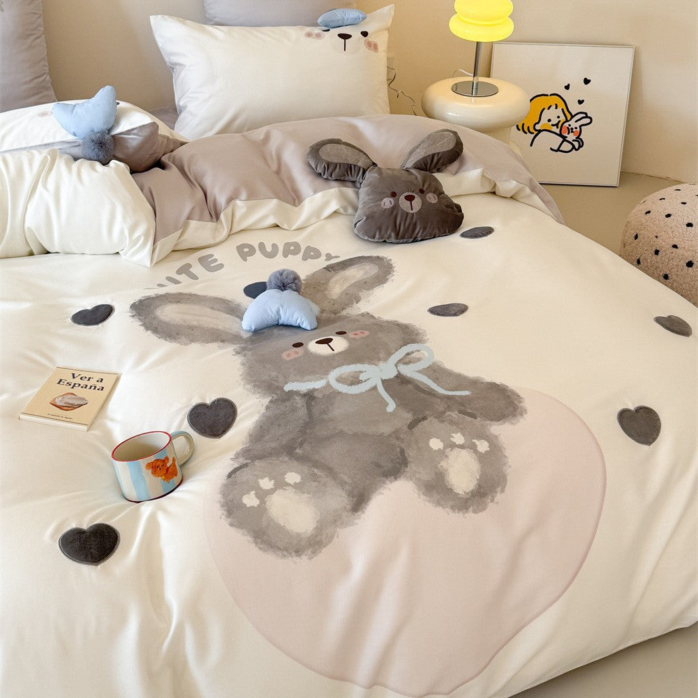 Plush Bunny Duvet Cover Set with Decorative Pillowcases and Pom-Pom Corners