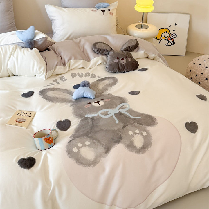 Plush Bunny Duvet Cover Set with Decorative Pillowcases and Pom-Pom Corners