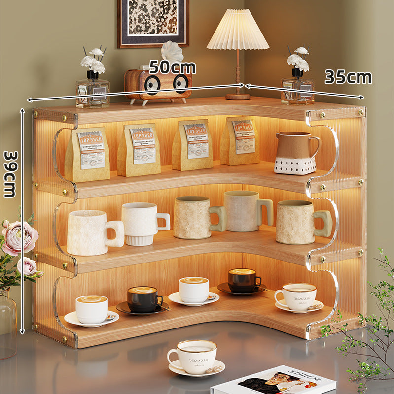 Corner Triple-Tier Wooden Countertop Display Shelf Organizer with Curved Shelves and Brass Accents
