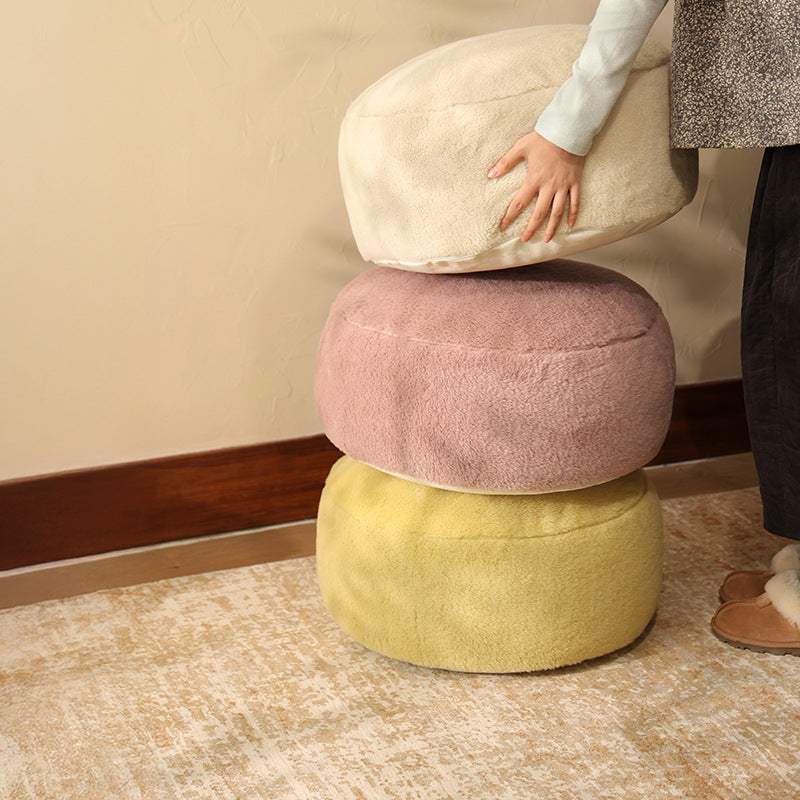 Low cow leather pouf with plush microfibre cover and shape-retaining foam filling