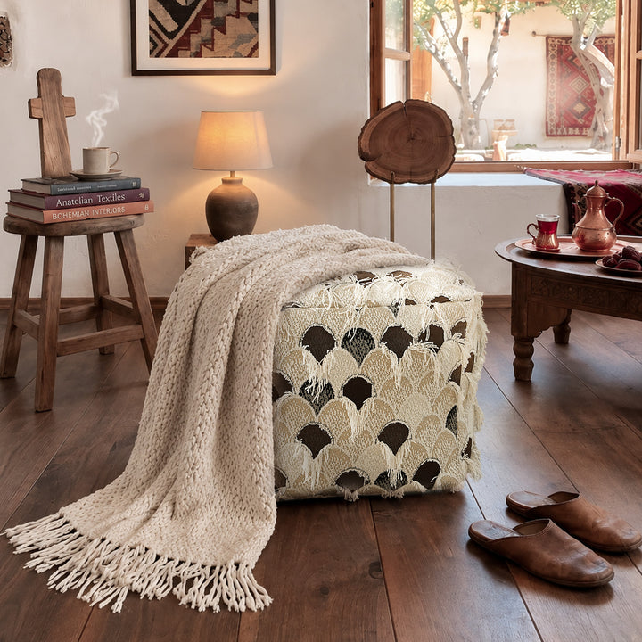 Padded Boho seat pouf with fringes and woven patchwork cover