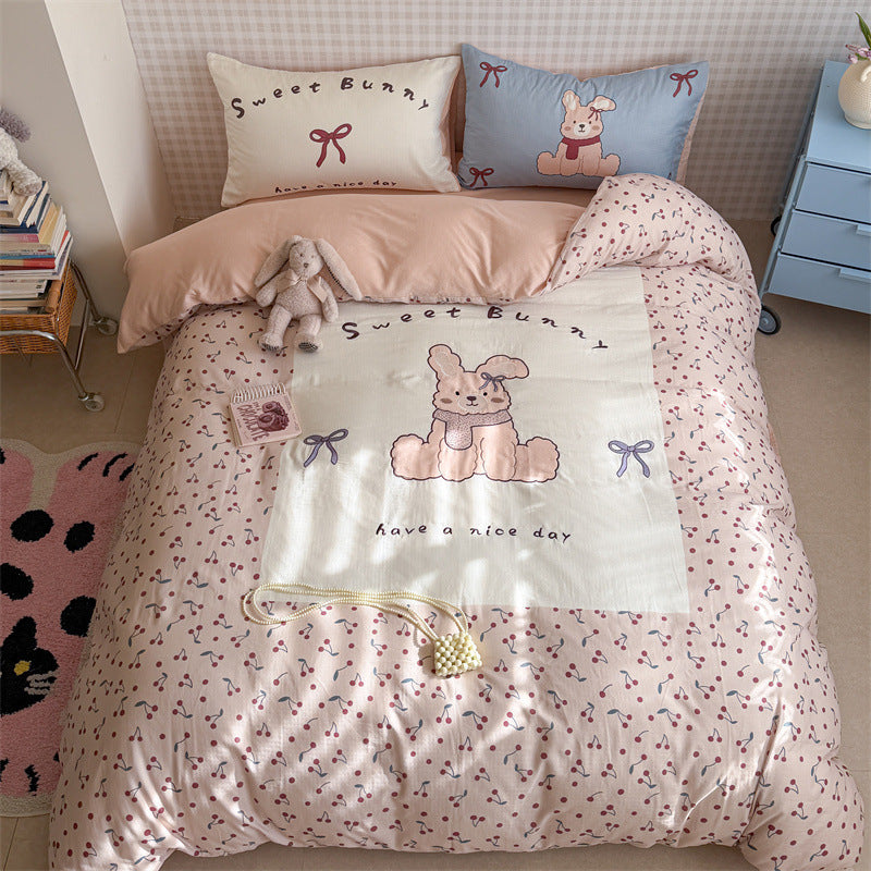 Cute Cartoon Puppy Cotton Duvet Cover Set with Pillow Shams and Reversible Floral Border