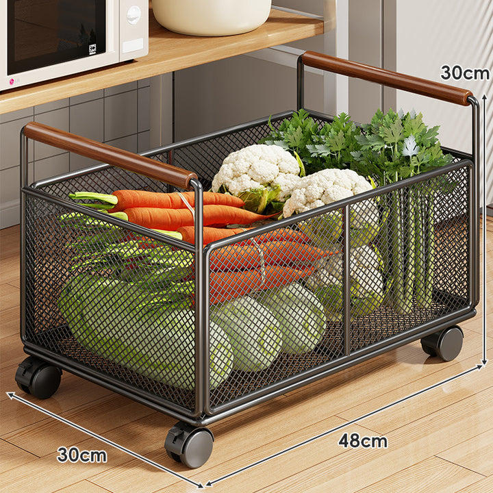 Rolling Mesh Kitchen Storage Cart with Wooden Handles