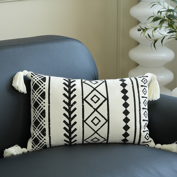 Rectangular Woven Lumbar Decorative Pillow with Tufted Diamonds and Tassels
