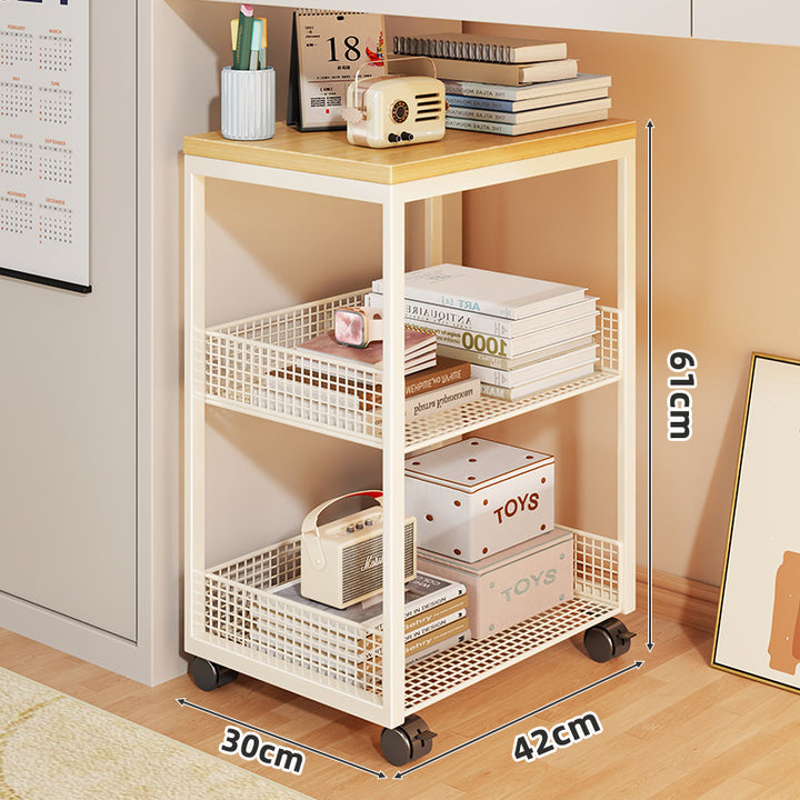Two-Tier Rolling Mesh Storage Cart with Wood Top and Locking Casters