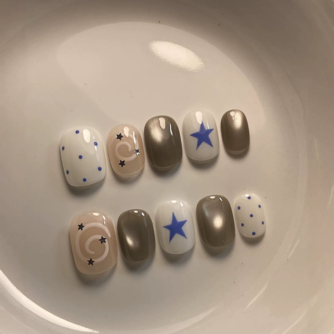 Artistic Press-On Nail Set with Whimsical Star and Dot Designs