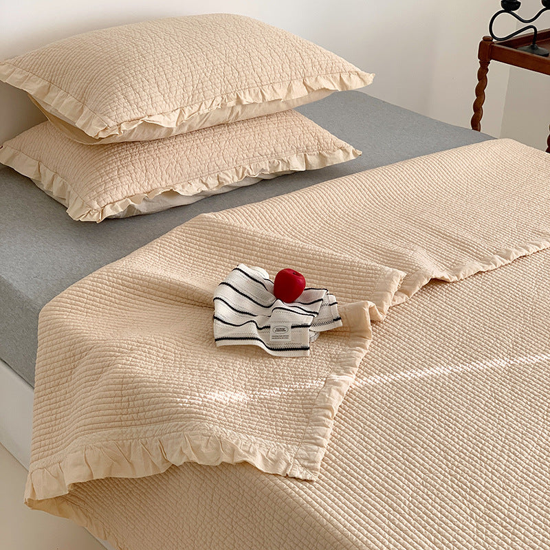 Textured Ribbed Quilted Bedspread Set with Ruffled Edge Pillow Shams