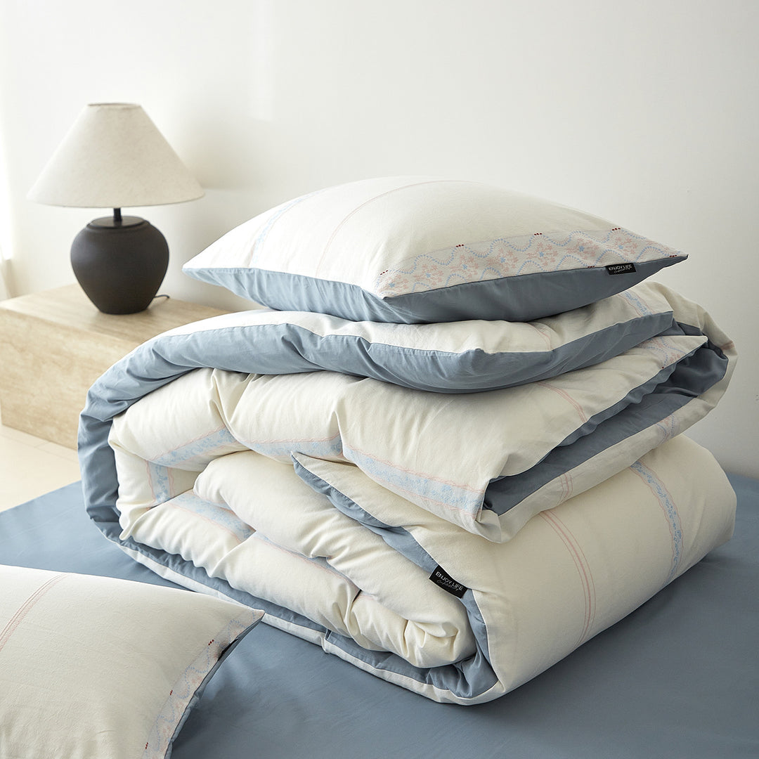 Reversible Cotton Sateen Duvet Cover Set with Soft-Brushed Finish and Embroidered Stripe Detail