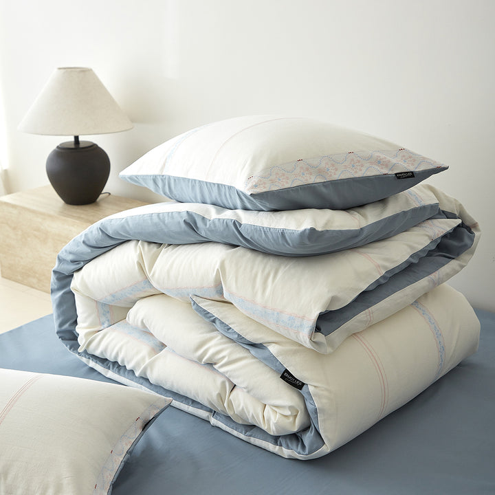 Reversible Cotton Sateen Duvet Cover Set with Soft-Brushed Finish and Embroidered Stripe Detail