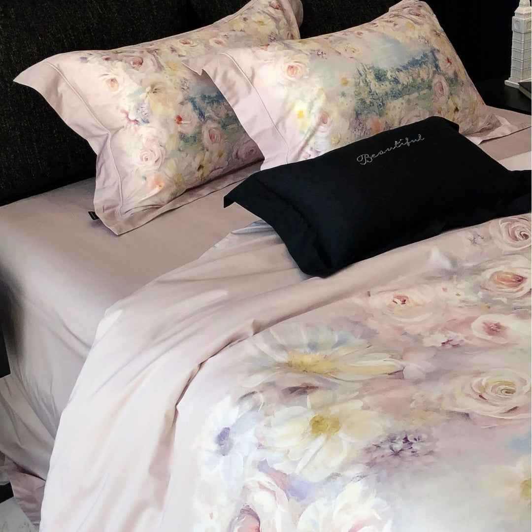 Floral Watercolor Satin-Feel Duvet Cover Set with Reversible Solid Back and Pillow Shams