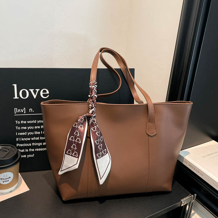 Classic Leather Tote Bag with Decorative Scarf