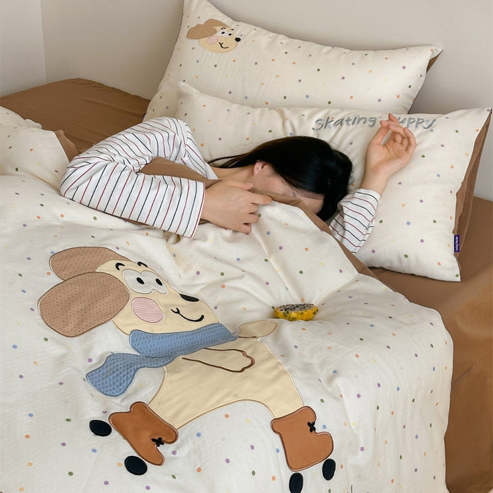 Kids Cotton Duvet Cover Set with Appliqué Bunny and Pastel Heart Print Reversible Lining