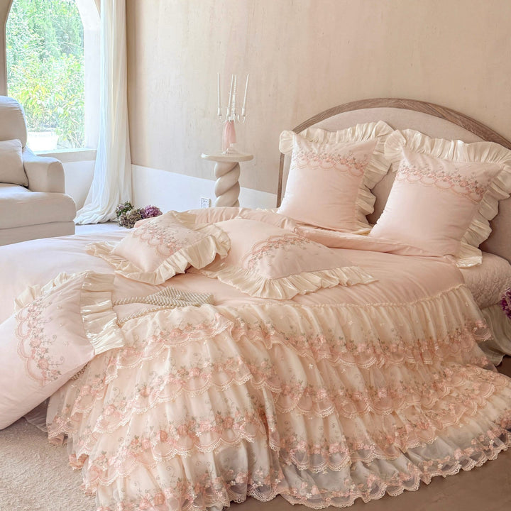 Luxurious Victorian-inspired bedding set with ruffles and embroidery