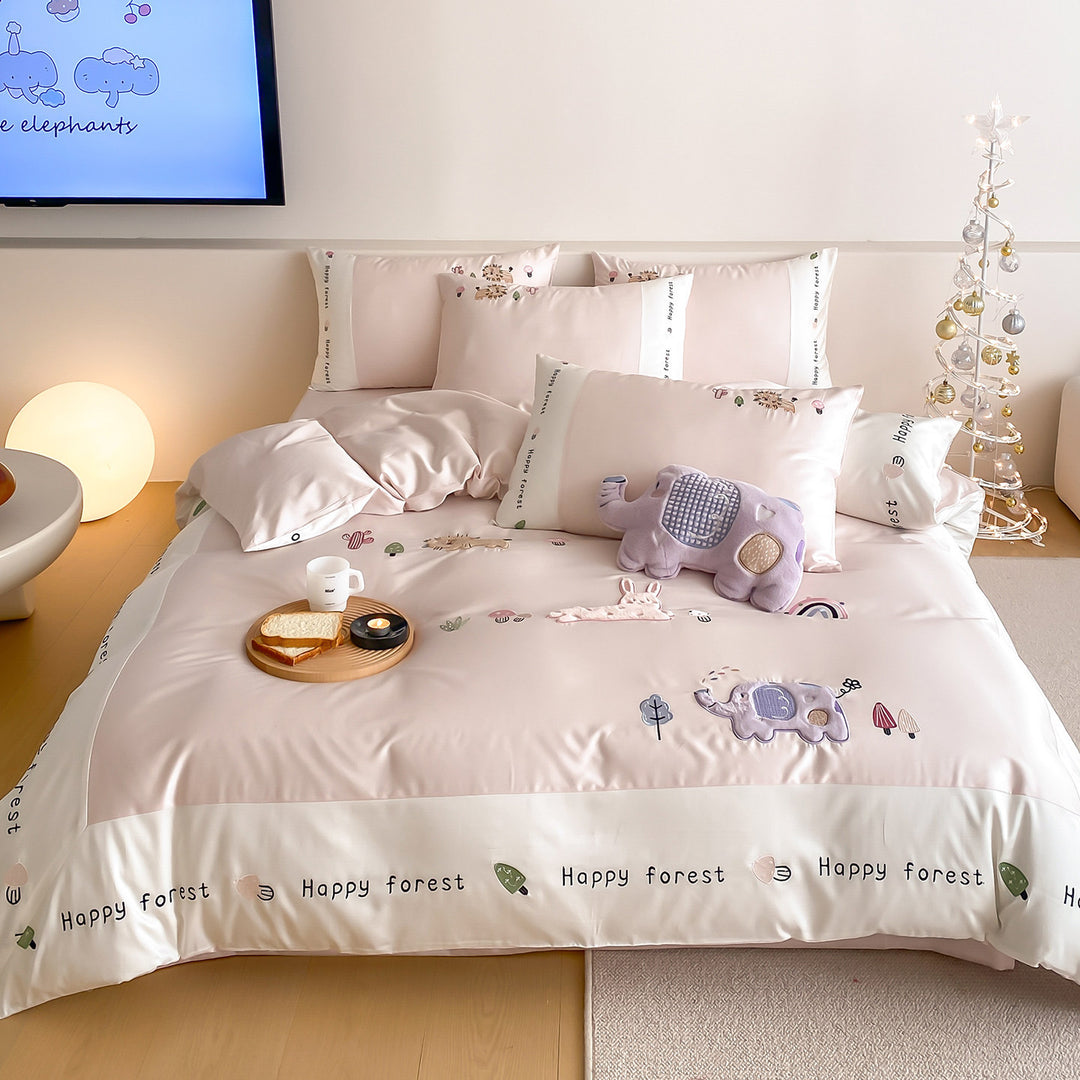 Playful Elephant Embroidered Satin-Feel Duvet Cover Set