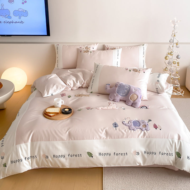 Playful Elephant Embroidered Satin-Feel Duvet Cover Set