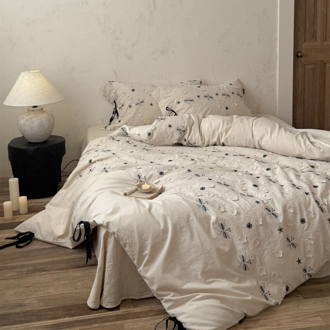 Embroidered Linen-Blend Duvet Cover Set with Butterfly Applique and Corner Tie Closures