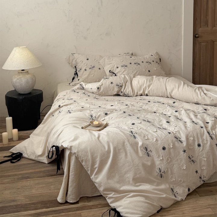 Embroidered Linen-Blend Duvet Cover Set with Butterfly Applique and Corner Tie Closures