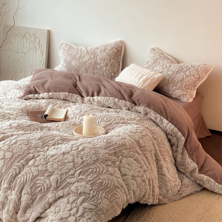 Embossed Plush Floral Quilted Reversible Duvet Cover Set with Matching Shams