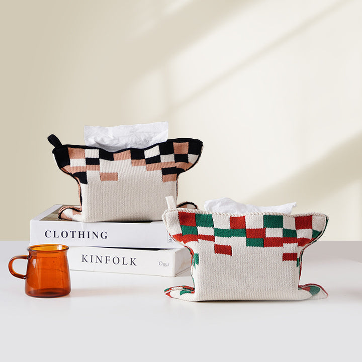 Knitted tissue box cover with geometric jacquard pattern and zipper Stornfield