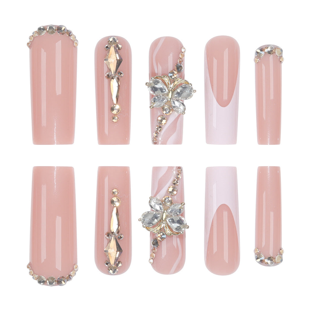 Elegant Long Press-On Nail Set with Decorative Gem and Floral Accents Stornfield