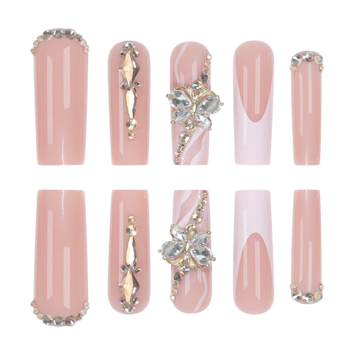Elegant Long Press-On Nail Set with Decorative Gem and Floral Accents Stornfield