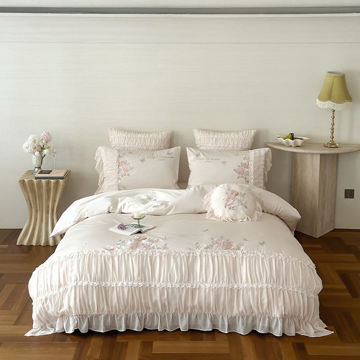 Luxury Embroidered Ruffled Satin Duvet Cover Set