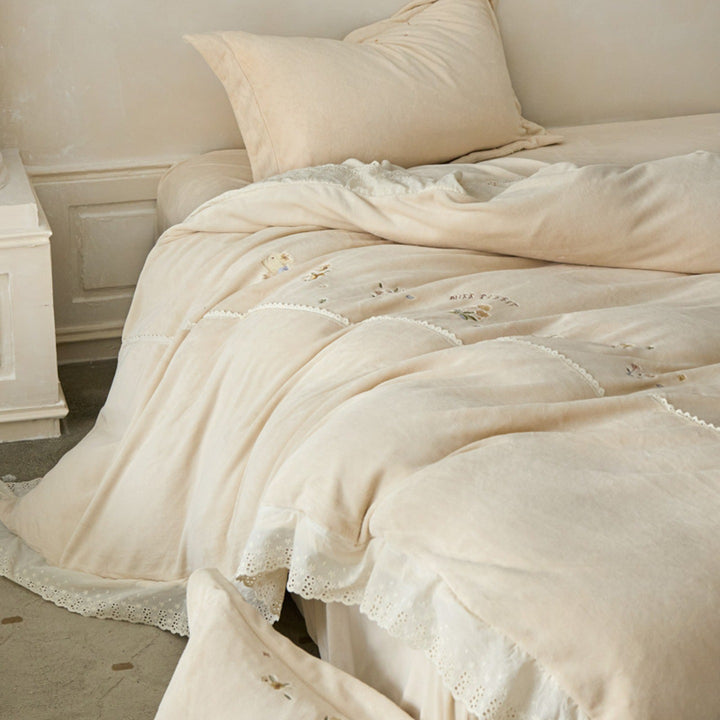 Embroidered Cotton Duvet Cover Set with Eyelet Lace Trim and Pillow Shams