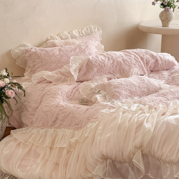 Ruffled Satin-Trim Quilted Floral Duvet Cover & Pillow Sham Set