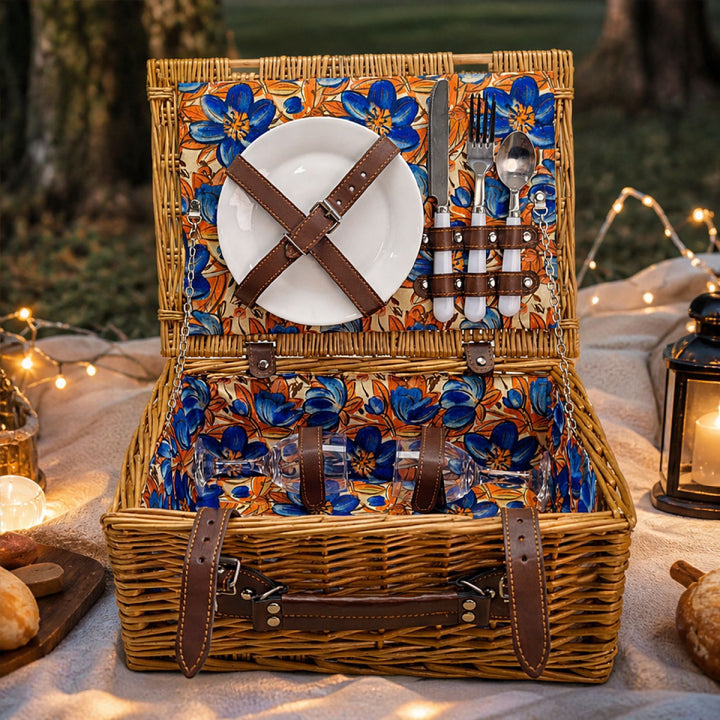 Ladies luxurious picnic basket with integrated crockery set and insulated cooler compartment Stornfield