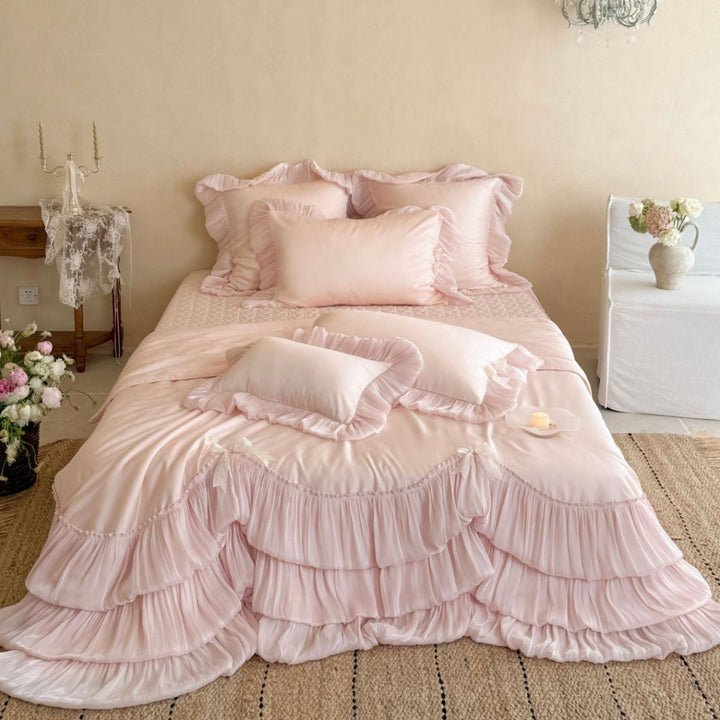 Ruffled Layered Satin Bedspread and Pillow Sham Set with Frilled Edges