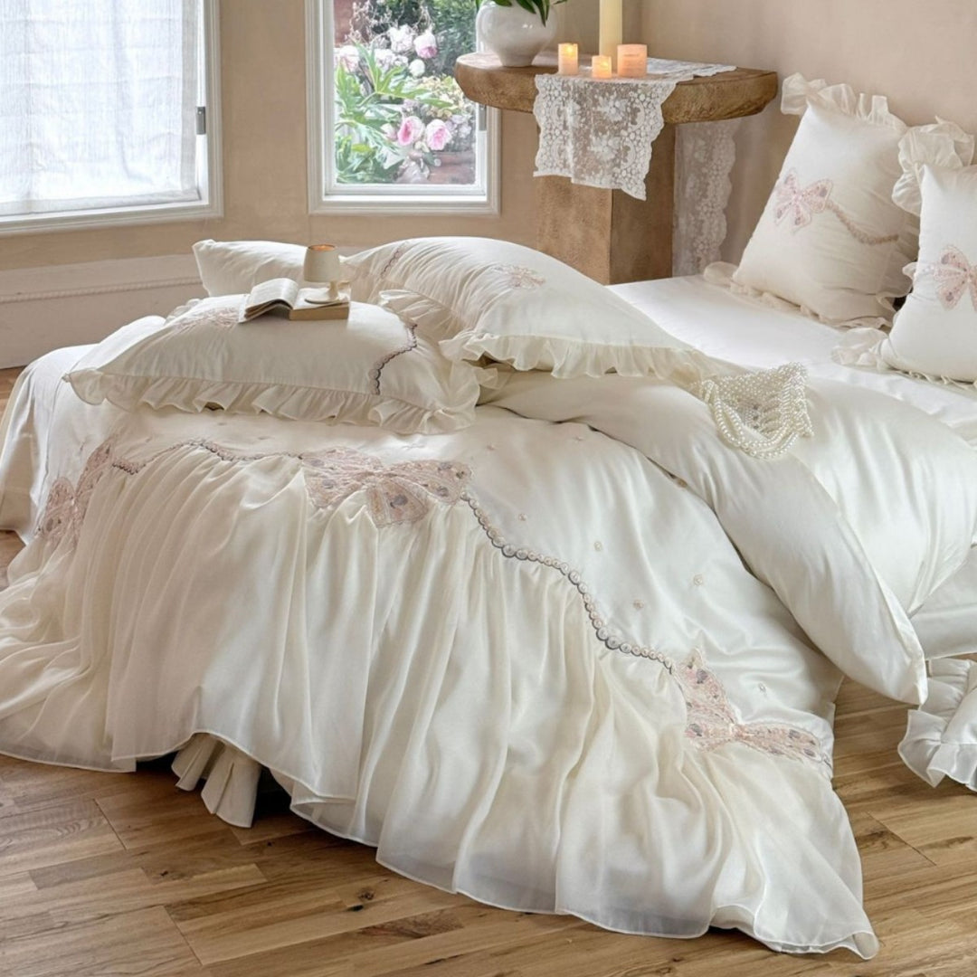 Romantic bedding set with chiffon ruffle, delicate lace and butterfly embroidery