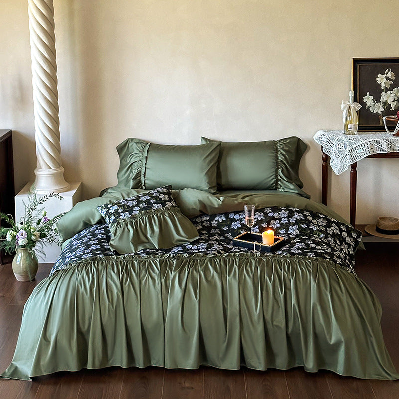 Ruffled Reversible Satin-Feel Duvet Cover Set with Floral Panel and Gathered Bed Skirt