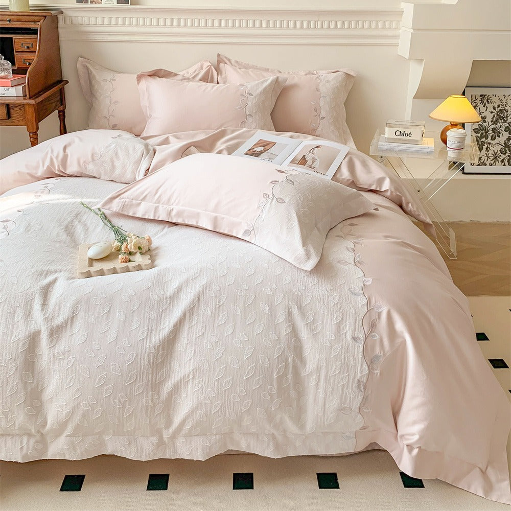 Reversible Embroidered Cotton-Sateen Duvet Cover Set with Leaf Jacquard and Oxford Shams