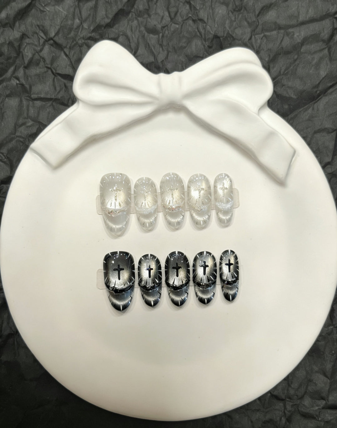 Artistic Press-On Nail Set with Unique Cross Designs