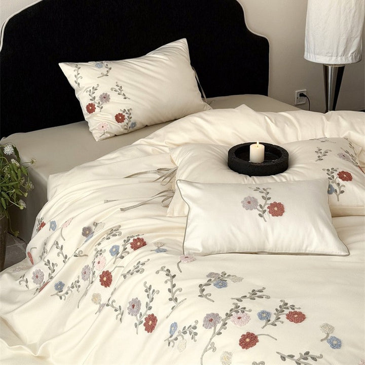 Luxurious satin bedding set with floral embroidery and pillowcases Stornfield