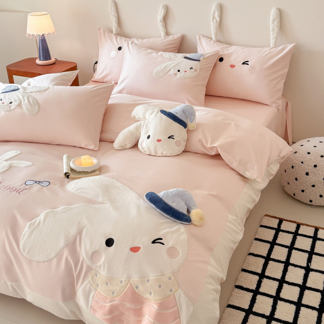 Cute Bunny Embroidered Cotton Sateen Duvet Cover Set with Plush Appliqué & Ear Pillow Shams