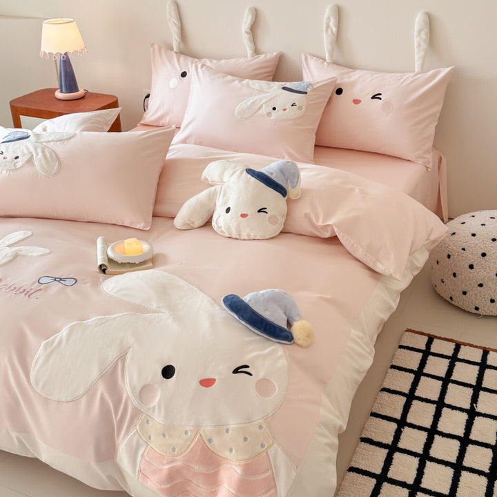 Cute Bunny Embroidered Cotton Sateen Duvet Cover Set with Plush Appliqué & Ear Pillow Shams