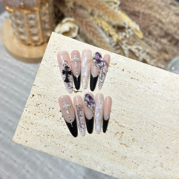 Artistic Stiletto Press-On Nail Art Set with Elegant Decorative Elements Stornfield