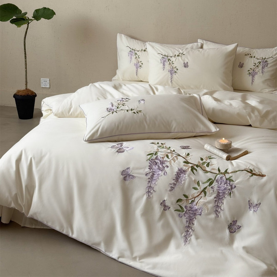 Embroidered Wisteria Cotton Sateen Duvet Cover Set with Piped Pillow Shams