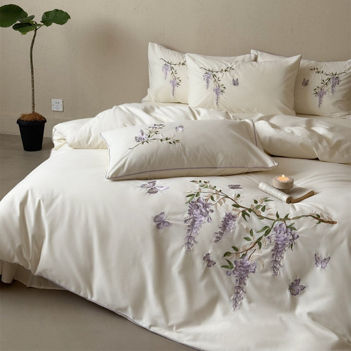 Embroidered Wisteria Cotton Sateen Duvet Cover Set with Piped Pillow Shams