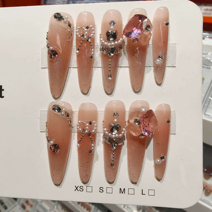 Decorative Stiletto Press-On Nail Set with Rhinestone and Pearl Accents